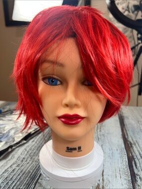 Bright Red Layered Bob Cosplay Wig | Short Anime Style Wig with Side Bangs NIB